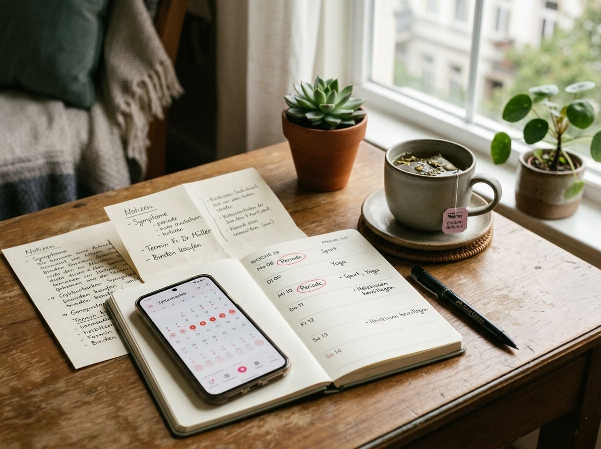 Zykluskalender und Gesundheitsnotizen als PCOS-Alltagsbild.
