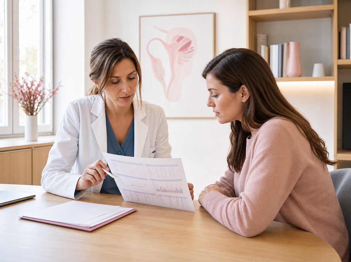 Ärztin bespricht Laborwerte mit einer Patientin in einer gynäkologischen Praxis.