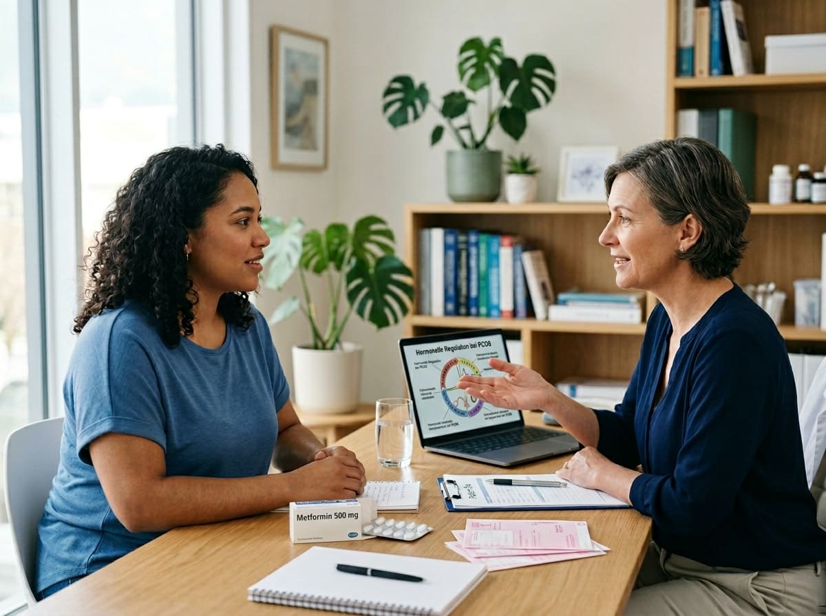 Tabletten und Arztgespräch zu Metformin bei PCOS.