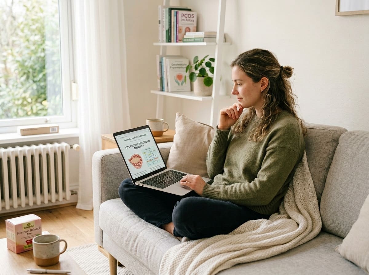 Frau liest Gesundheitsinformationen zu PCOS auf dem Sofa.