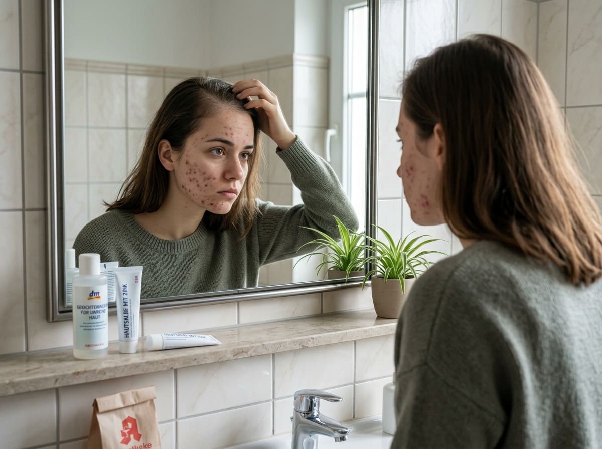 Frau prüft Haut und Haare als mögliche PCOS-Symptome.